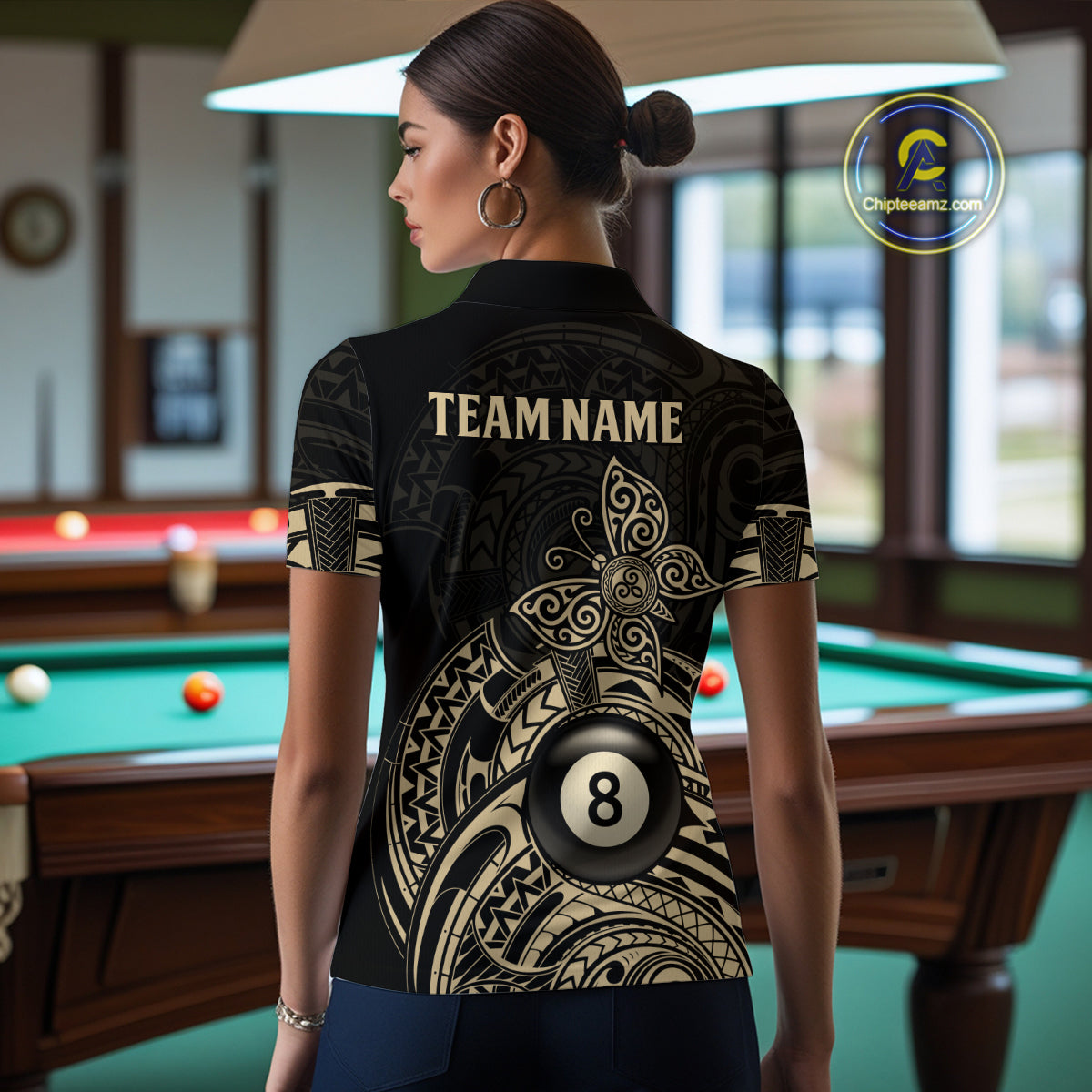 Custom Black And Gold Tribal Butterfly Billiard Shirts For Women | 8 Ball Pool Team Jerseys TDM4688