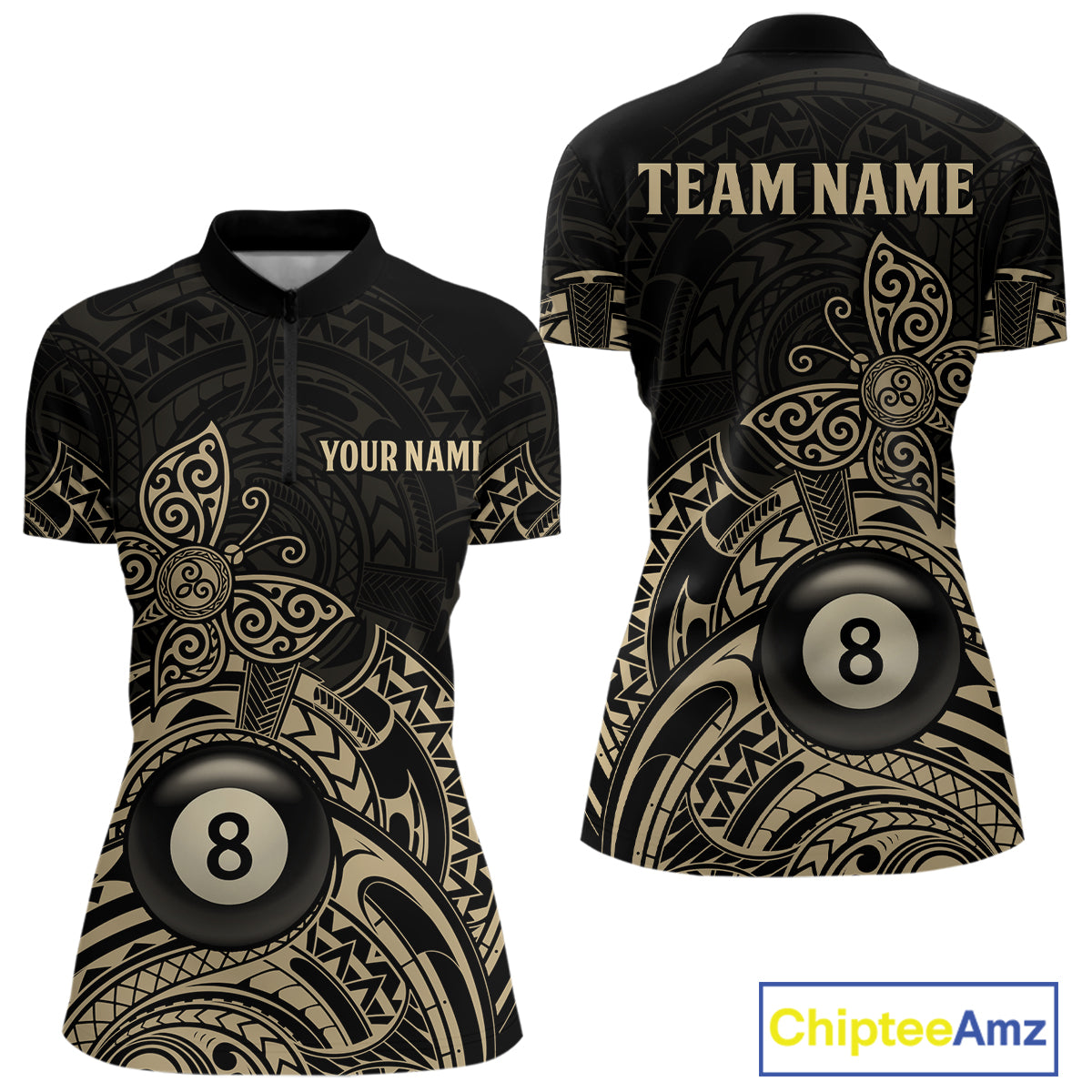 Custom Black And Gold Tribal Butterfly Billiard Shirts For Women | 8 Ball Pool Team Jerseys TDM4688