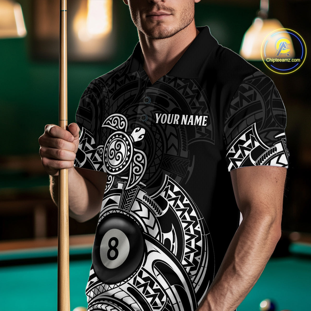 Custom White Black Tribal Turtle Billiard Shirts For Men | 8 Ball Pool Team Jerseys TDM4690