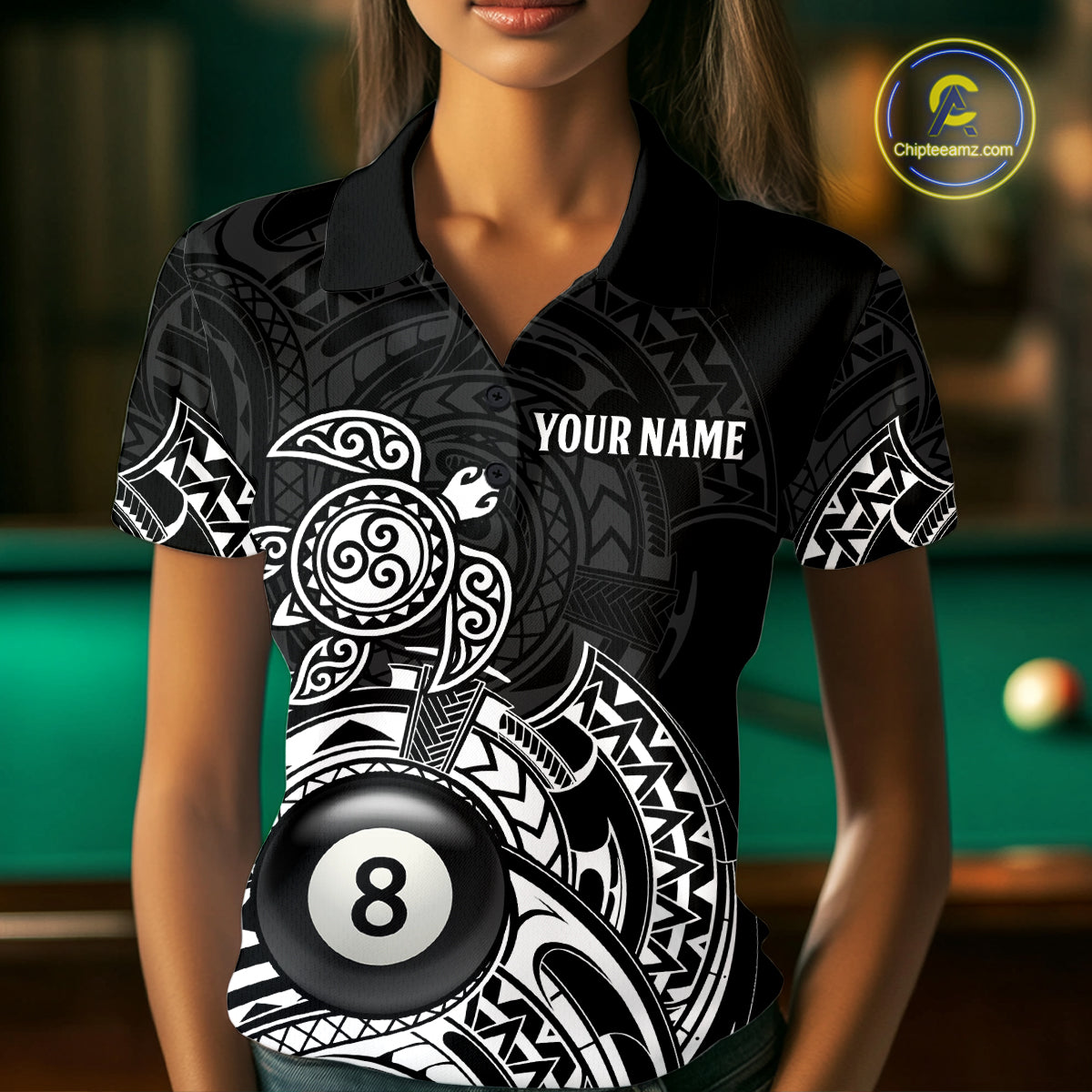 Custom White Black Tribal Turtle Billiard Shirts For Women | 8 Ball Pool Team Jerseys TDM4690