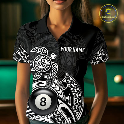 Custom White Black Tribal Turtle Billiard Shirts For Women | 8 Ball Pool Team Jerseys TDM4690