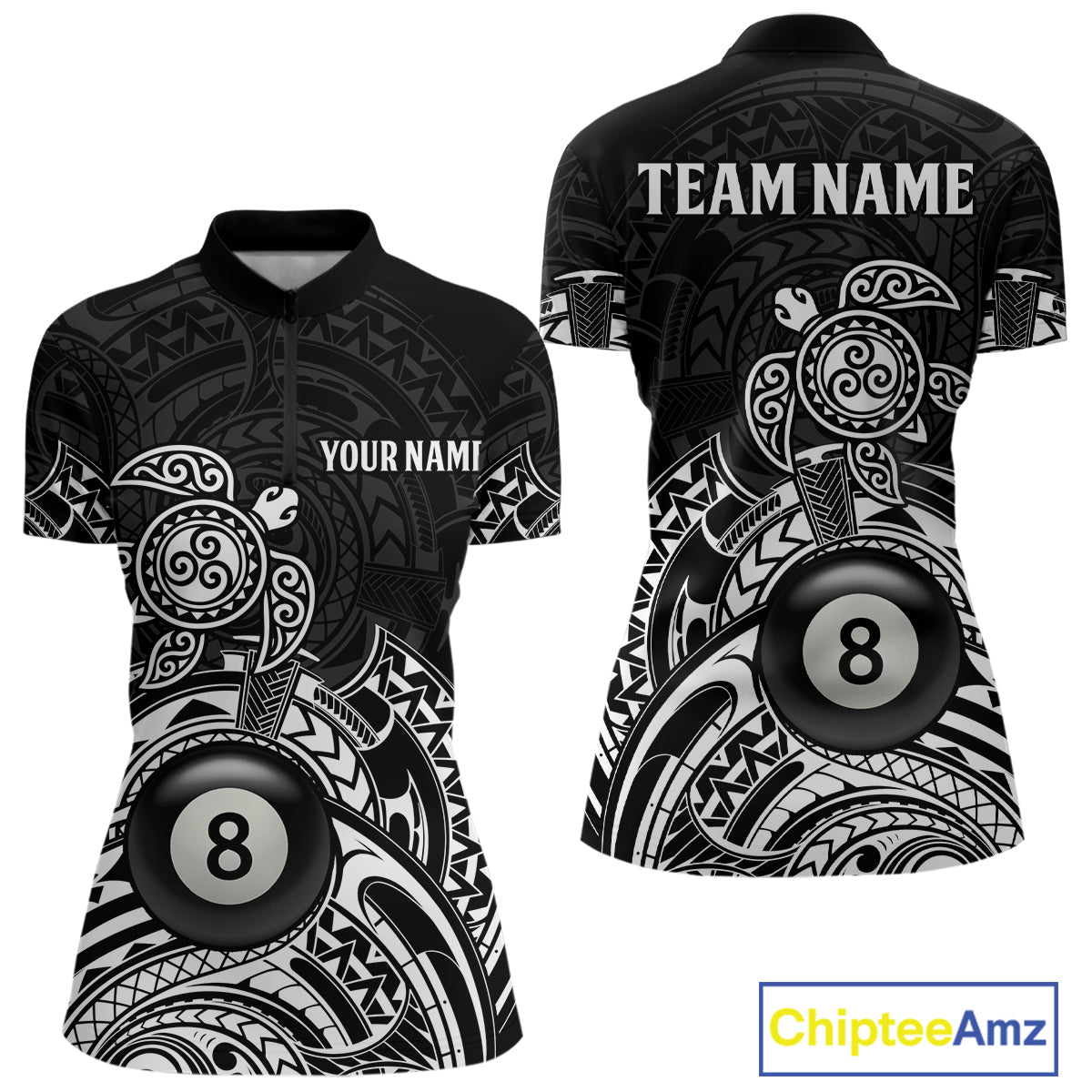 Custom White Black Tribal Turtle Billiard Shirts For Women | 8 Ball Pool Team Jerseys TDM4690