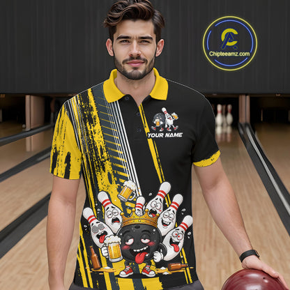 Black And Yellow Funny Beer Drunk Bowling Shirts For Men Custom Bowling League Team Jersey TDM7370
