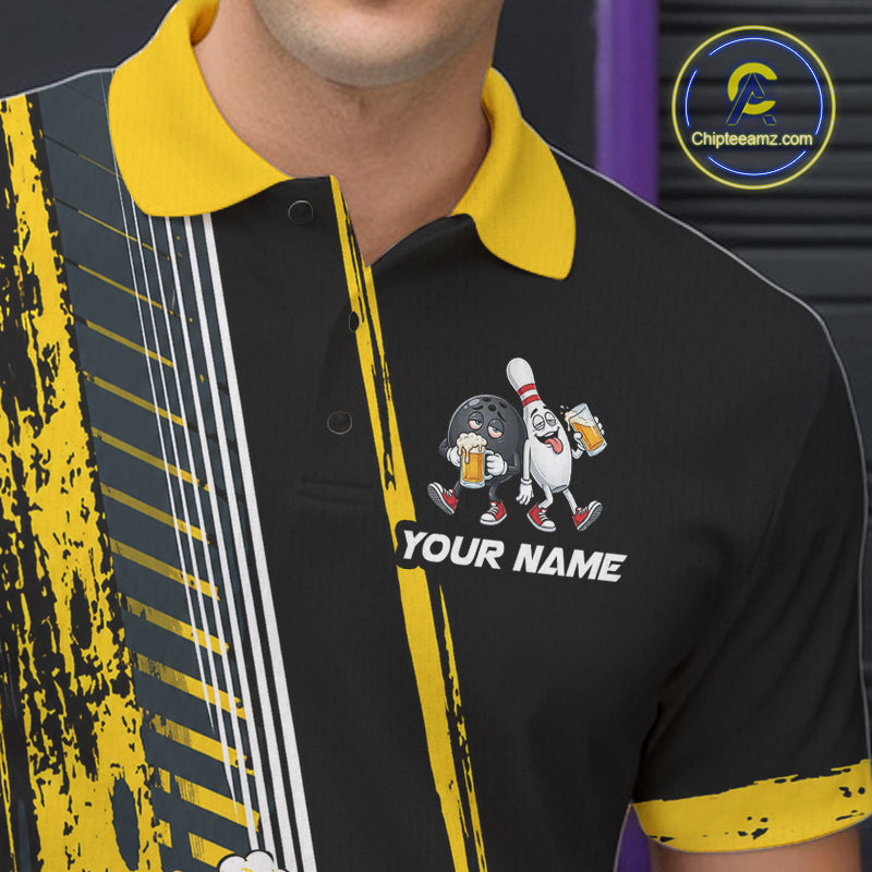 Black And Yellow Funny Beer Drunk Bowling Shirts For Men Custom Bowling League Team Jersey TDM7370