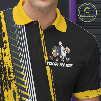 Black And Yellow Funny Beer Drunk Bowling Shirts For Men Custom Bowling League Team Jersey TDM7370