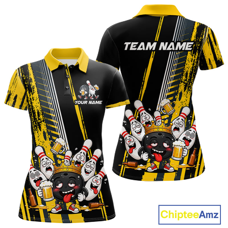 Black And Yellow Funny Beer Drunk Bowling Shirts For Women Custom Bowling League Team Jersey TDM7370