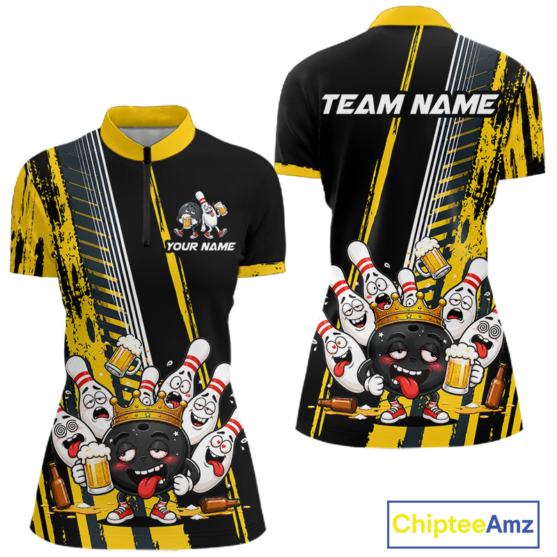 Black And Yellow Funny Beer Drunk Bowling Shirts For Women Custom Bowling League Team Jersey TDM7370