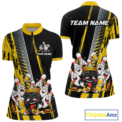 Black And Yellow Funny Beer Drunk Bowling Shirts For Women Custom Bowling League Team Jersey TDM7370