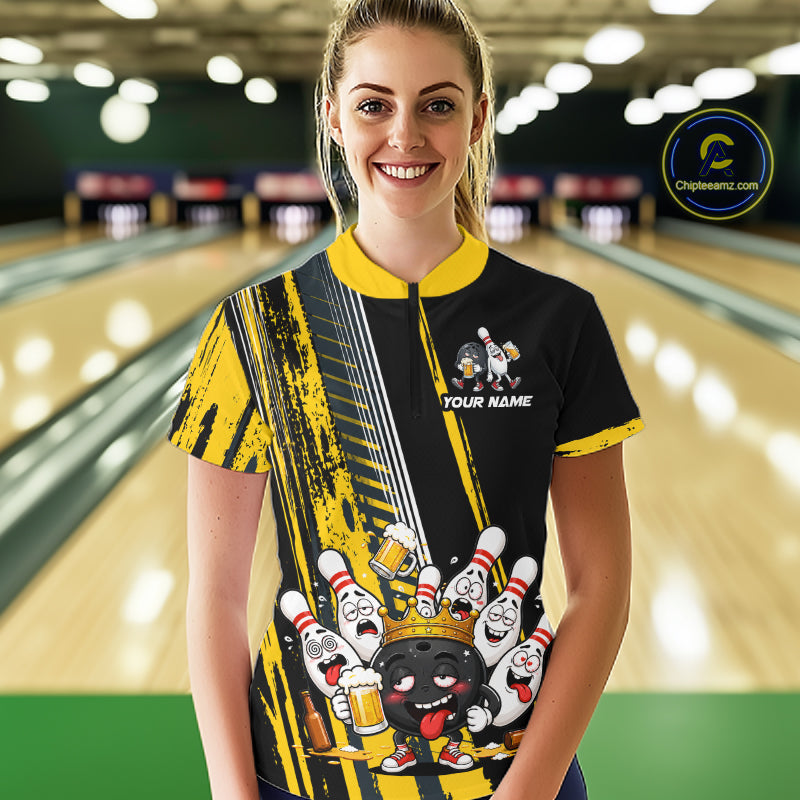 Black And Yellow Funny Beer Drunk Bowling Shirts For Women Custom Bowling League Team Jersey TDM7370