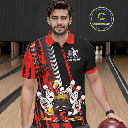 Personalized Black And Red Funny Beer Drunk Bowling Shirts For Men Bowling League Team Jersey TDM7371