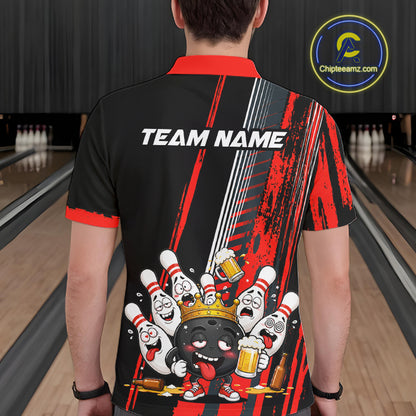 Personalized Black And Red Funny Beer Drunk Bowling Shirts For Men Bowling League Team Jersey TDM7371