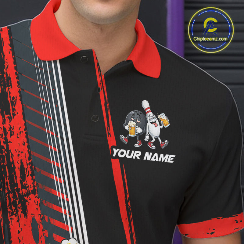 Personalized Black And Red Funny Beer Drunk Bowling Shirts For Men Bowling League Team Jersey TDM7371