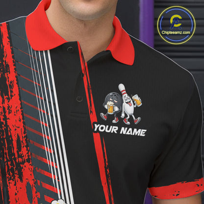 Personalized Black And Red Funny Beer Drunk Bowling Shirts For Men Bowling League Team Jersey TDM7371