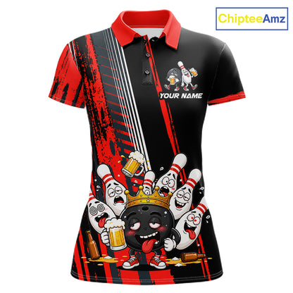 Personalized Black And Red Funny Beer Drunk Bowling Shirts For Women Bowling League Team Jersey TDM7371