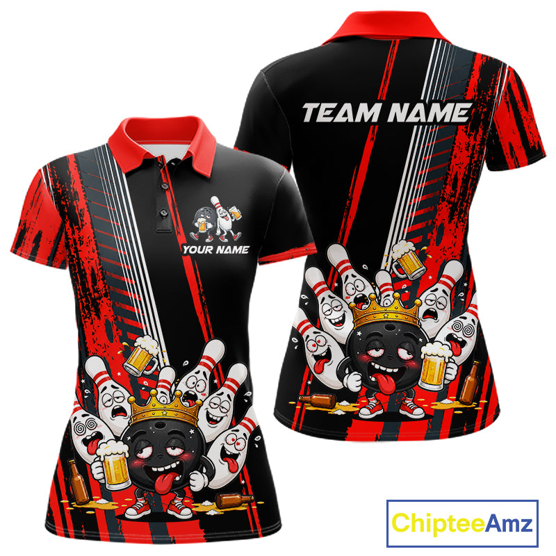 Personalized Black And Red Funny Beer Drunk Bowling Shirts For Women Bowling League Team Jersey TDM7371