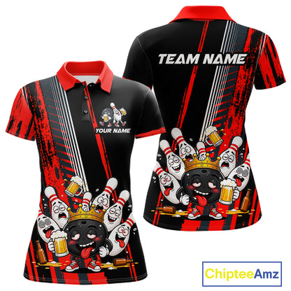 Personalized Black And Red Funny Beer Drunk Bowling Shirts For Women Bowling League Team Jersey TDM7371