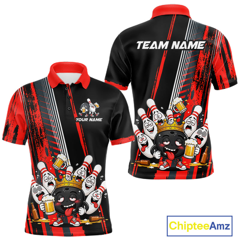 Personalized Black And Red Funny Beer Drunk Bowling Shirts For Men Bowling League Team Jersey TDM7371