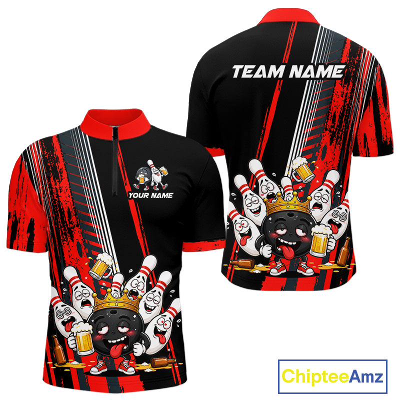 Personalized Black And Red Funny Beer Drunk Bowling Shirts For Men Bowling League Team Jersey TDM7371