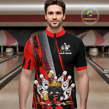 Personalized Black And Red Funny Beer Drunk Bowling Shirts For Men Bowling League Team Jersey TDM7371