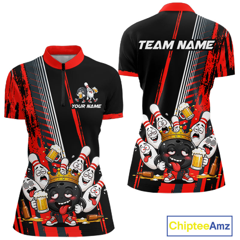 Personalized Black And Red Funny Beer Drunk Bowling Shirts For Women Bowling League Team Jersey TDM7371
