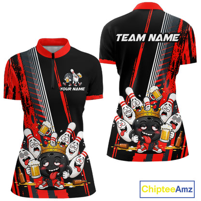 Personalized Black And Red Funny Beer Drunk Bowling Shirts For Women Bowling League Team Jersey TDM7371