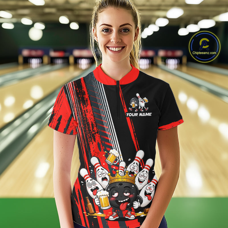 Personalized Black And Red Funny Beer Drunk Bowling Shirts For Women Bowling League Team Jersey TDM7371