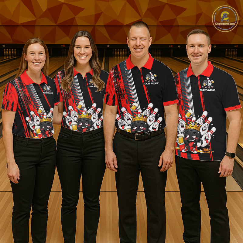 Personalized Black And Red Funny Beer Drunk Bowling Shirts For Men Bowling League Team Jersey TDM7371
