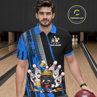 Black And Blue Funny Beer Drunk Bowling Shirts For Men Custom Bowling League Team Jersey Uniform TDM7372