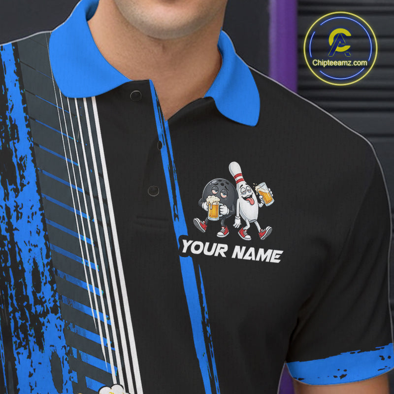 Black And Blue Funny Beer Drunk Bowling Shirts For Men Custom Bowling League Team Jersey Uniform TDM7372