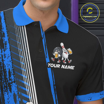 Black And Blue Funny Beer Drunk Bowling Shirts For Men Custom Bowling League Team Jersey Uniform TDM7372