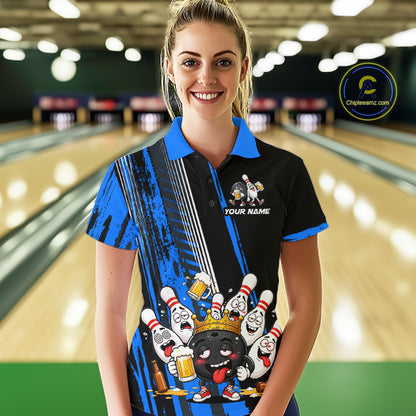 Black And Blue Funny Beer Drunk Bowling Shirts For Women Custom Bowling League Team Jersey Uniform TDM7372