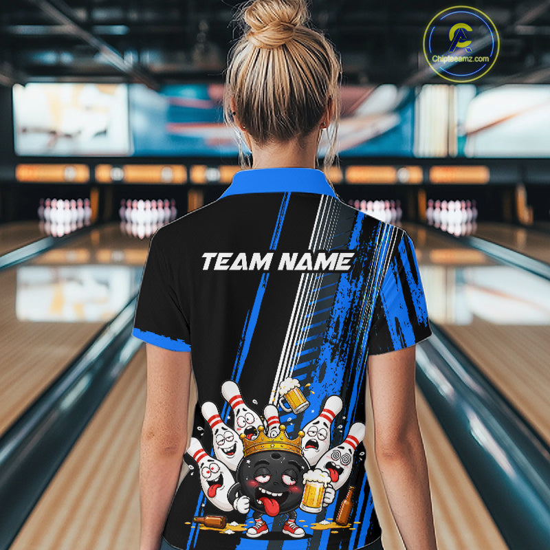 Black And Blue Funny Beer Drunk Bowling Shirts For Women Custom Bowling League Team Jersey Uniform TDM7372