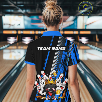 Black And Blue Funny Beer Drunk Bowling Shirts For Women Custom Bowling League Team Jersey Uniform TDM7372