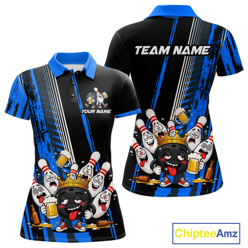 Black And Blue Funny Beer Drunk Bowling Shirts For Women Custom Bowling League Team Jersey Uniform TDM7372