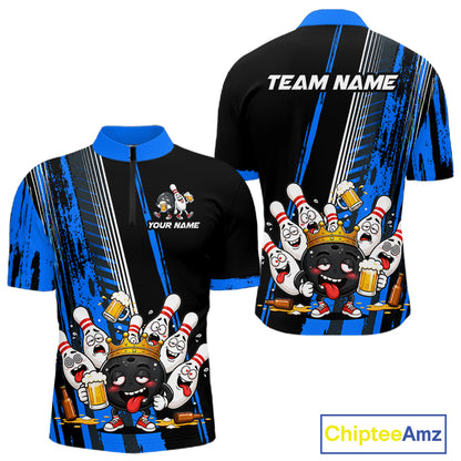 Black And Blue Funny Beer Drunk Bowling Shirts For Men Custom Bowling League Team Jersey Uniform TDM7372