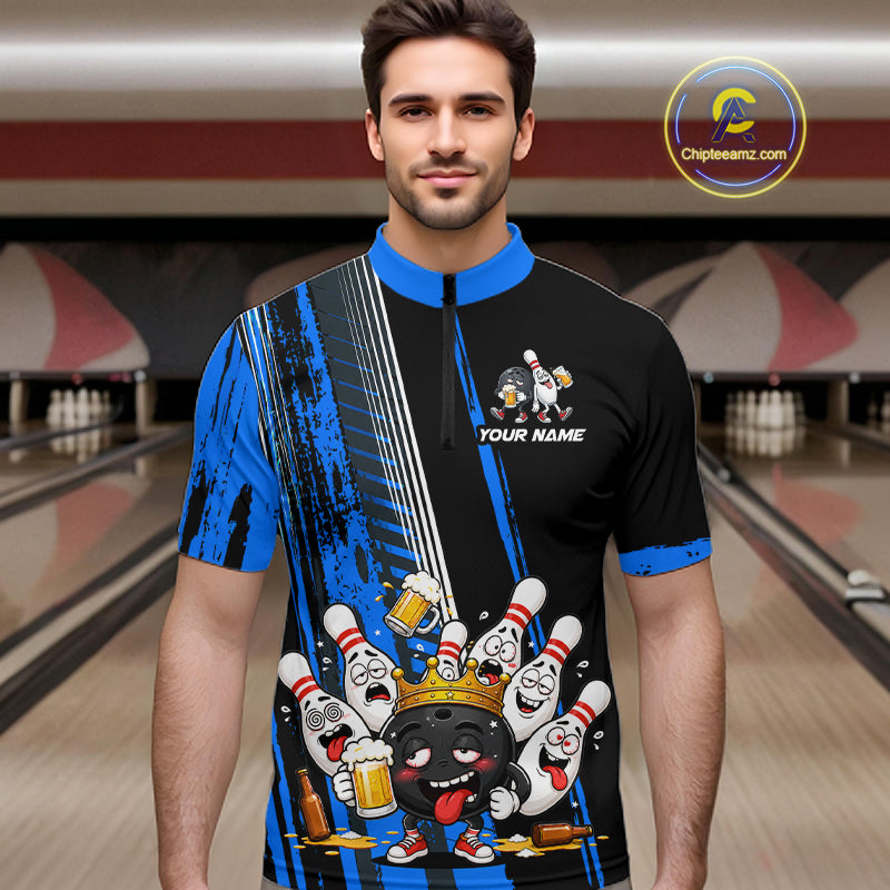 Black And Blue Funny Beer Drunk Bowling Shirts For Men Custom Bowling League Team Jersey Uniform TDM7372
