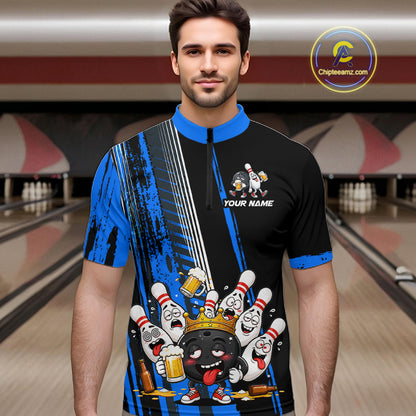 Black And Blue Funny Beer Drunk Bowling Shirts For Men Custom Bowling League Team Jersey Uniform TDM7372