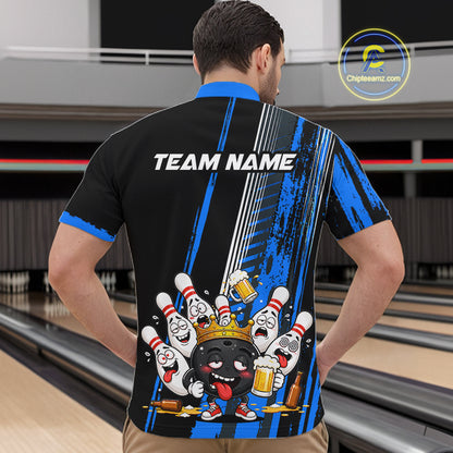 Black And Blue Funny Beer Drunk Bowling Shirts For Men Custom Bowling League Team Jersey Uniform TDM7372
