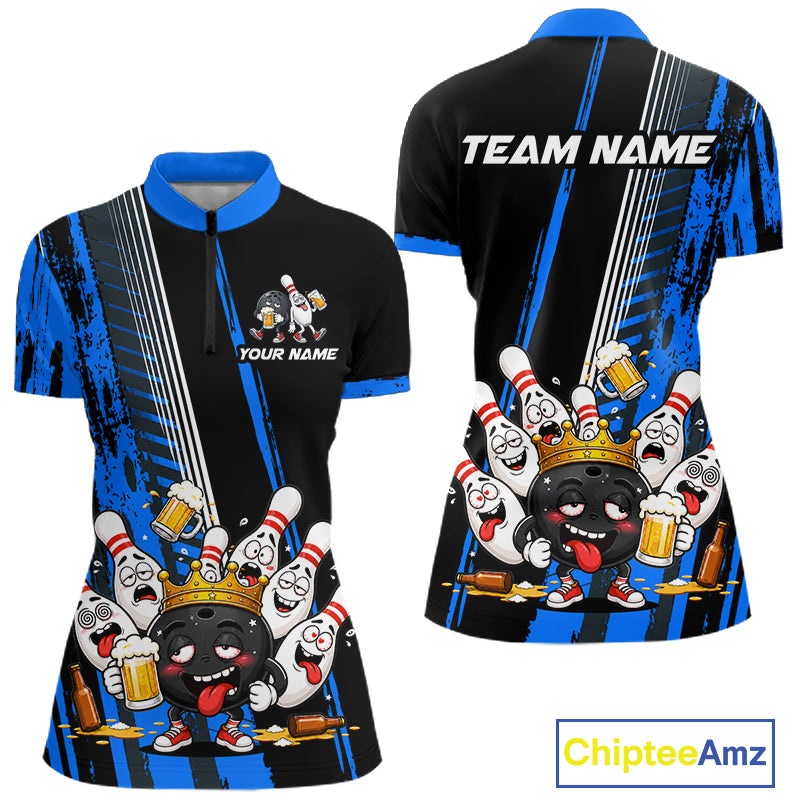 Black And Blue Funny Beer Drunk Bowling Shirts For Women Custom Bowling League Team Jersey Uniform TDM7372