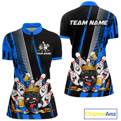 Black And Blue Funny Beer Drunk Bowling Shirts For Women Custom Bowling League Team Jersey Uniform TDM7372