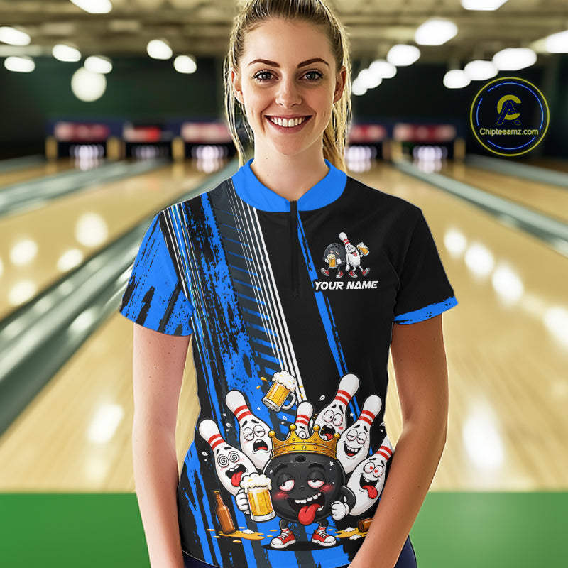 Black And Blue Funny Beer Drunk Bowling Shirts For Women Custom Bowling League Team Jersey Uniform TDM7372