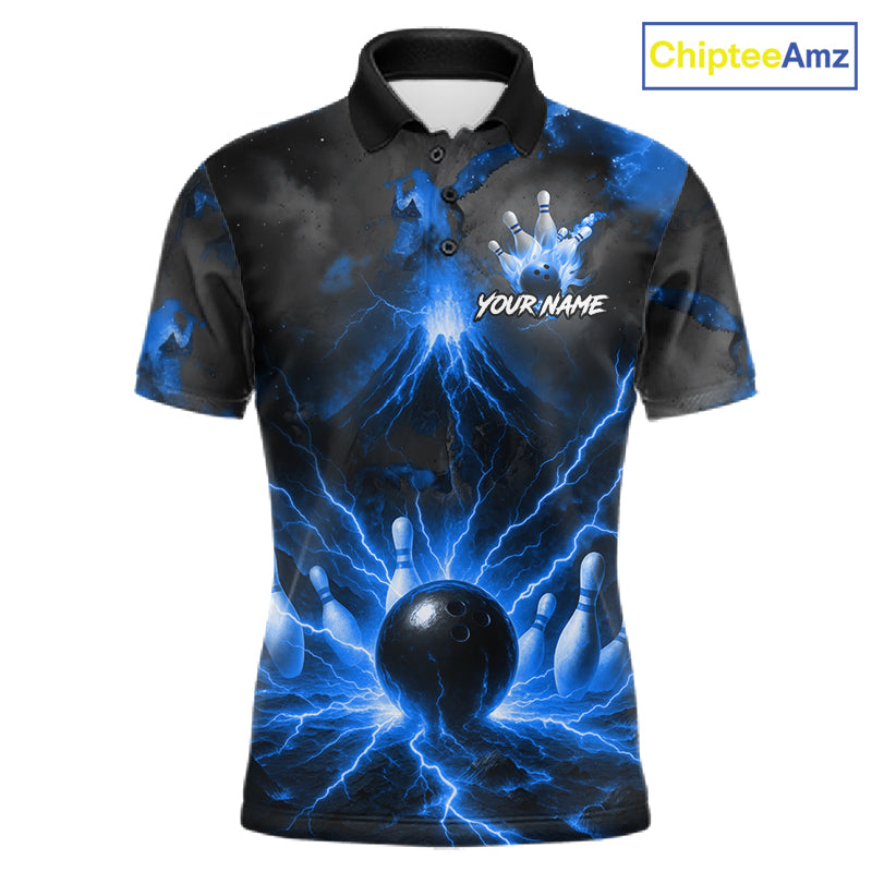 Personalized Blue Lightning Thunder Bowling League Shirts For Men Custom Bowling Team Jersey TDM7373