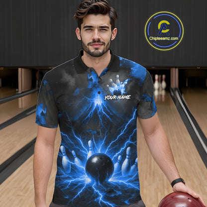 Personalized Blue Lightning Thunder Bowling League Shirts For Men Custom Bowling Team Jersey TDM7373