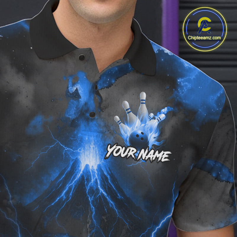 Personalized Blue Lightning Thunder Bowling League Shirts For Men Custom Bowling Team Jersey TDM7373