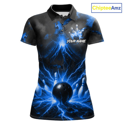 Personalized Blue Lightning Thunder Bowling League Shirts For Women Custom Bowling Team Jersey TDM7373