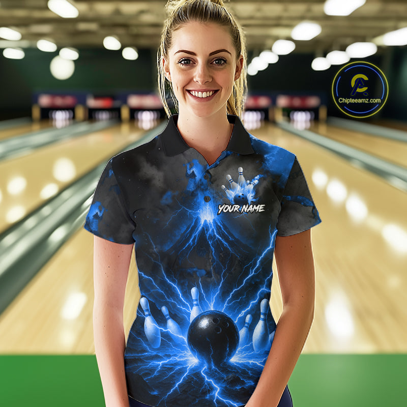 Personalized Blue Lightning Thunder Bowling League Shirts For Women Custom Bowling Team Jersey TDM7373