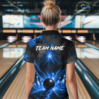 Personalized Blue Lightning Thunder Bowling League Shirts For Women Custom Bowling Team Jersey TDM7373