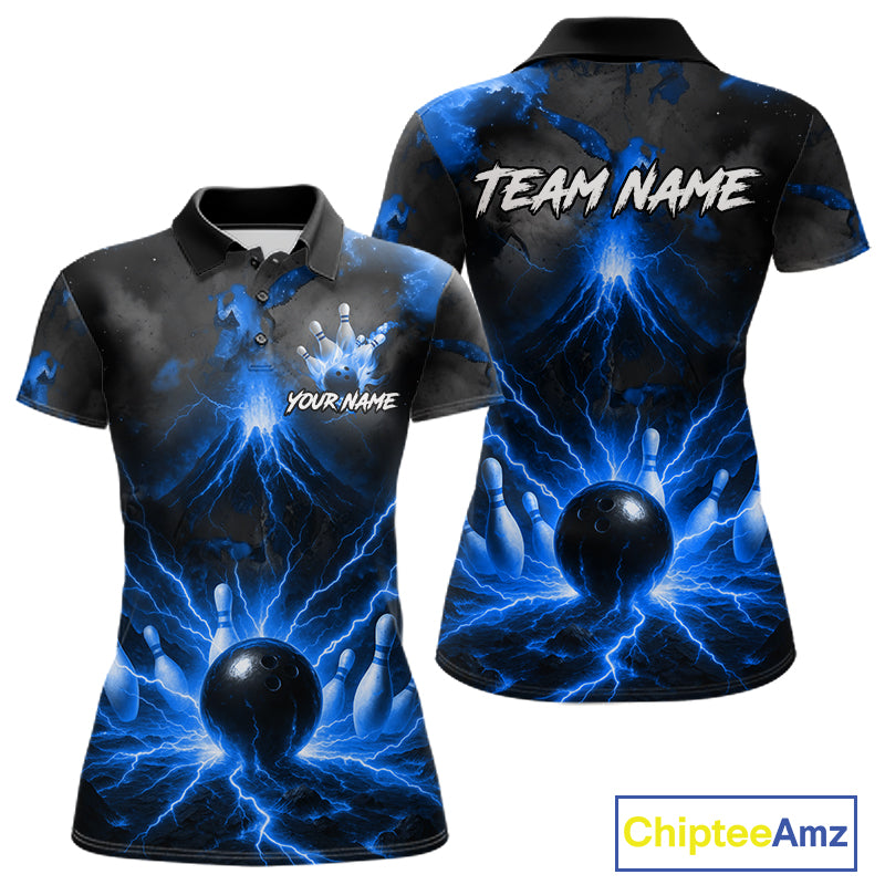 Personalized Blue Lightning Thunder Bowling League Shirts For Women Custom Bowling Team Jersey TDM7373