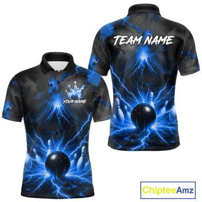 Personalized Blue Lightning Thunder Bowling League Shirts For Men Custom Bowling Team Jersey TDM7373