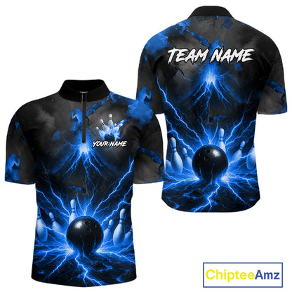 Personalized Blue Lightning Thunder Bowling League Shirts For Men Custom Bowling Team Jersey TDM7373